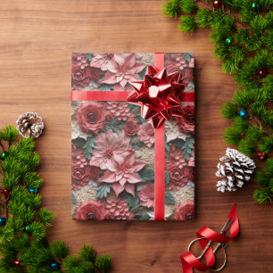 Mooie Roze en Rode 3D Poinsettias Cadeaupapier