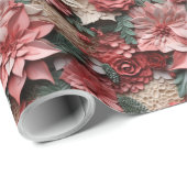 Mooie Roze en Rode 3D Poinsettias Cadeaupapier (Rol Hoek)