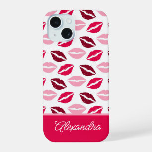 Mooie Roze En Rode Lippenstift Kusjes Script Naam iPhone 15 Case