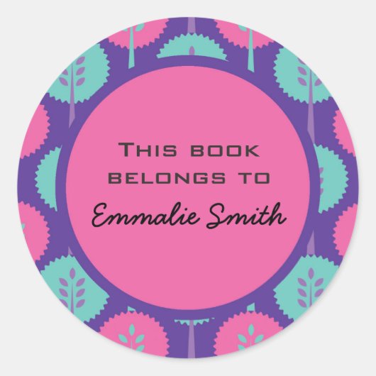 Mooie roze en turkooizen bomen op paarse naamstick ronde sticker (Voorkant)