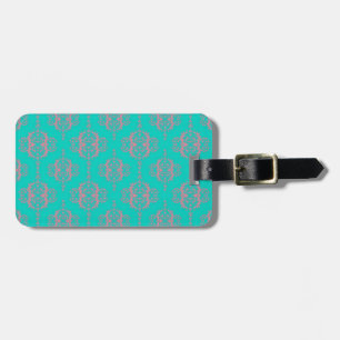 Mooie roze en turquoise damastpatroon bagagelabel