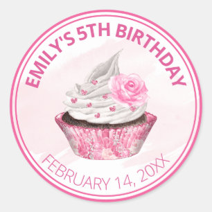 Mooie roze en witte glazuur verjaardag cupcake ronde sticker