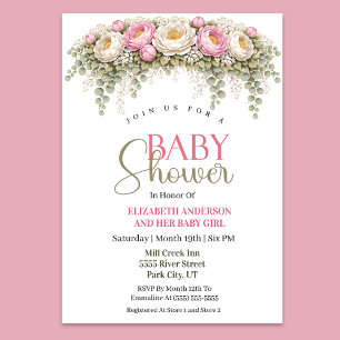 Mooie Roze en Witte Pioen Meisje Baby Shower Kaart