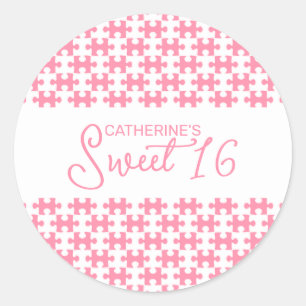Mooie roze en witte puzzel geruit zoet 16 ronde sticker