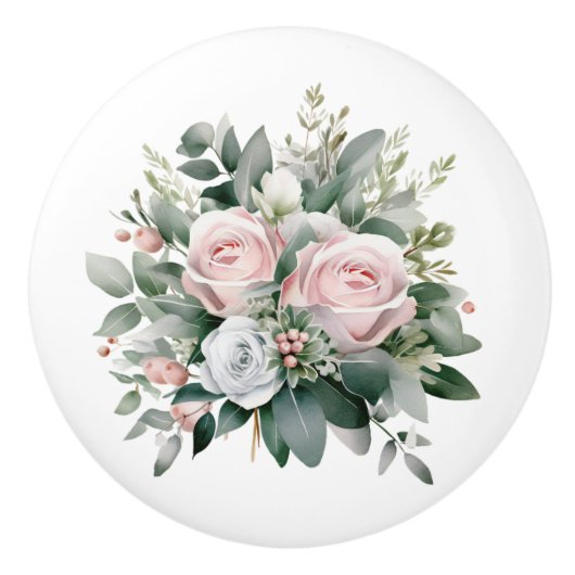 Mooie roze en witte roos boeket keramische knop (Voorkant)