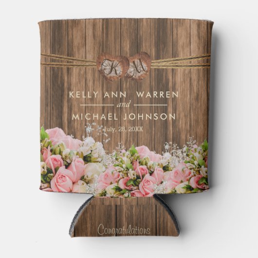 Mooie roze en witte rozen op hout blikjeskoeler (Voorkant)