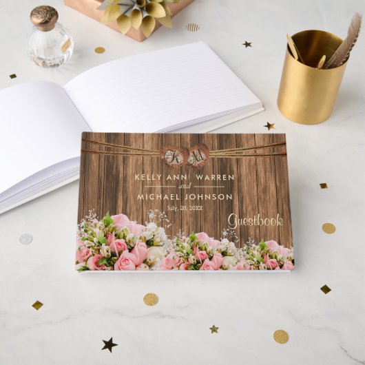 Mooie roze en witte rozen op hout - Guestbook Gastenboek (Voorkant open)