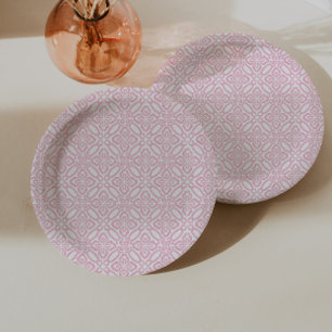 Mooie Roze En Witte Vintage Tegelprint Papieren Bordje