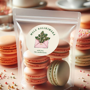 Mooie Roze Envelop Hulstgroen Mele Kalikimaka Ronde Sticker