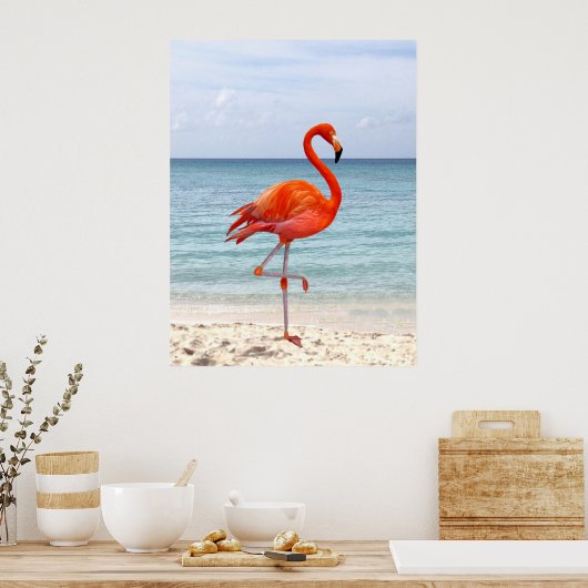 Mooie Roze Flamingo Bird op Beach Poster (Keuken)