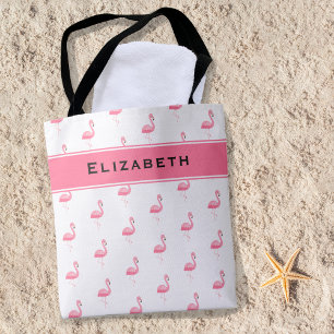 Mooie Roze Flamingo Geborduurde Naam Stijlvol Meis Tote Bag