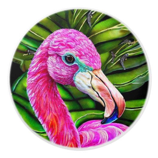 Mooie roze flamingo voor groen blad keramische knop (Voorkant)