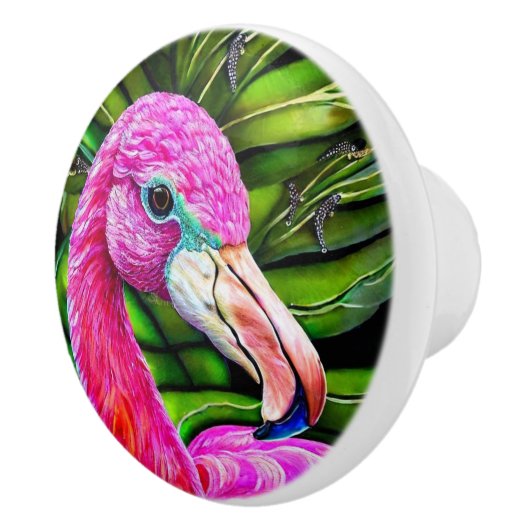 Mooie roze flamingo voor groen blad keramische knop (Rechts)