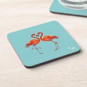 Mooie roze flamingos en monogram op lichtblauw bier onderzetter (Linkerzijde)