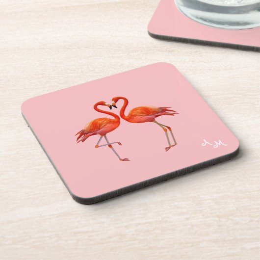Mooie roze flamingos en monogram op lichtroze bier onderzetter (Linkerzijde)