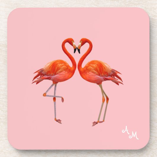 Mooie roze flamingos en monogram op lichtroze bier onderzetter (Voorkant)