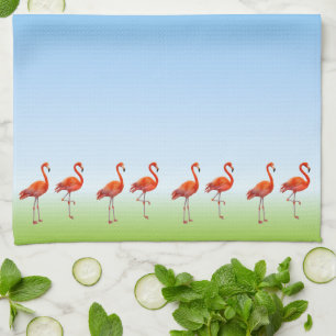 Mooie Roze Flamingo's op Lichtblauwe Gradiënt Theedoek