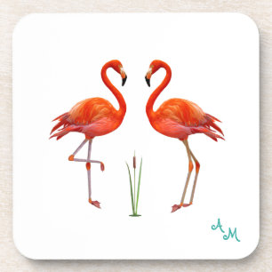 Mooie Roze Flamingovogels & Initialen op Wit Bier Onderzetter