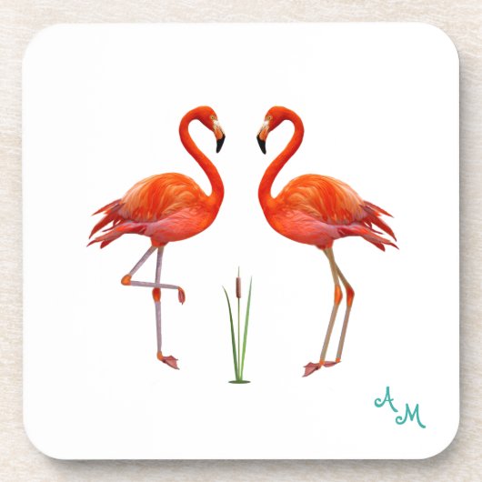 Mooie Roze Flamingovogels & Initialen op Wit Bier Onderzetter (Voorkant)