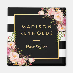 Mooie roze Floral Black White Striped Magneet