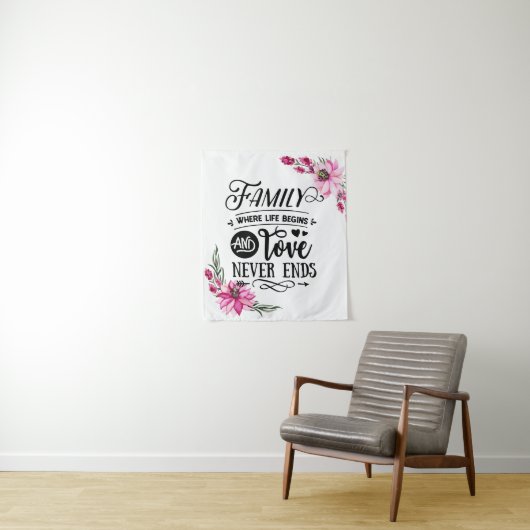 Mooie roze Floral Family Quote Wandkleed (In situ)