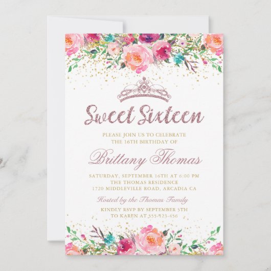 Mooie roze Floral Sweet Sixteen 16 verjaardag Kaart (Voorkant)