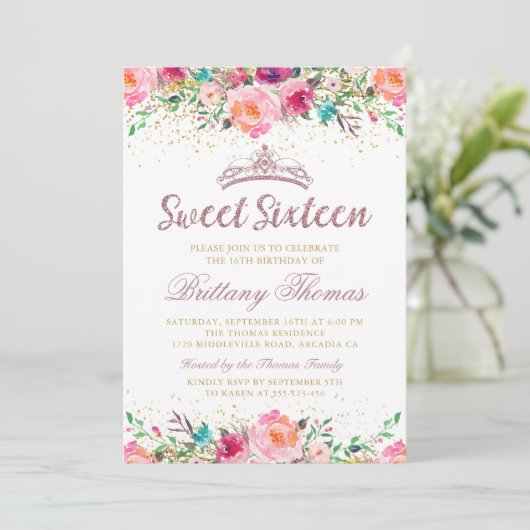 Mooie roze Floral Sweet Sixteen 16 verjaardag Kaart (Staand voorkant)