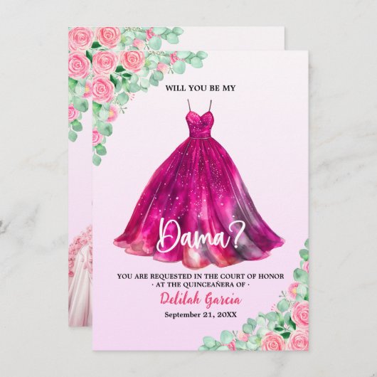 Mooie Roze Formele Quinceañera Dama Uitnodiging (Voorkant / Achterkant)