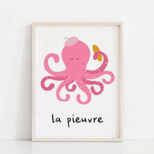 Mooie Roze Franse Octopus Babykamer Poster