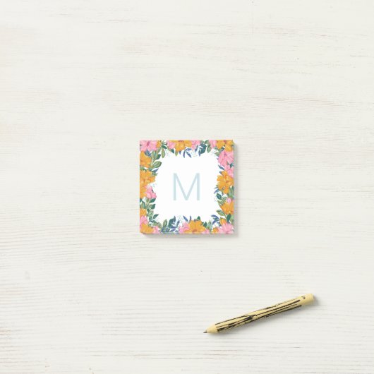 Mooie Roze Gele Bloemrijke Frame Monogram Post-it® Notes (Op bureau)
