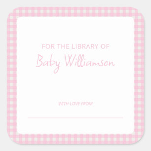 Mooie roze geruite Gingham babyshower-boekplaat Vierkante Sticker