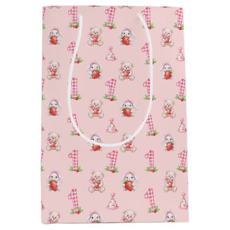 Mooie Roze Gingham, Konijnen en Beren! Medium Cadeauzakje