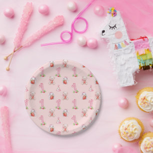 Mooie Roze Gingham, Konijnen en Beren! Papieren Bordje