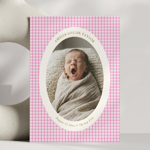 Mooie Roze Gingham Ovale Foto Baby Meisje Geboorte Aankondiging