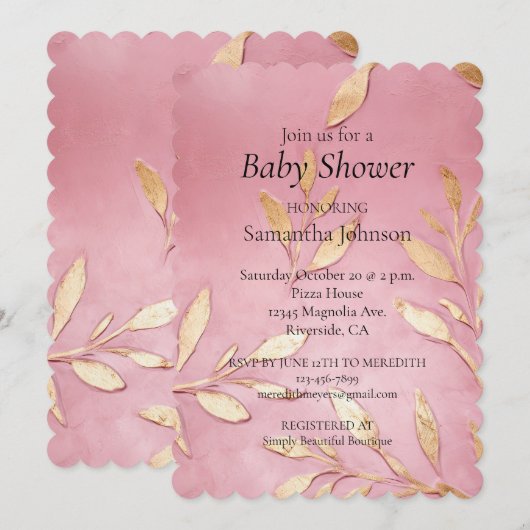 Mooie Roze Glam Gold Bladeren Baby shower Kaart (Voorkant / Achterkant)