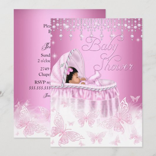 Mooie Roze Glitter Vlinder Baby Shower Etnisch Kaart (Voorkant / Achterkant)
