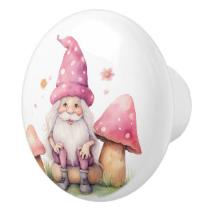 Mooie roze gnoom en paddestoelen keramische knop
