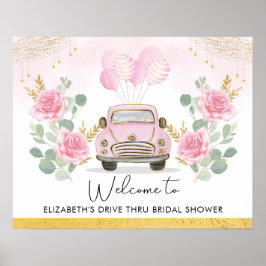 Mooie Roze Gouden Drive Thru Bruidsfeest Verwelkom Poster
