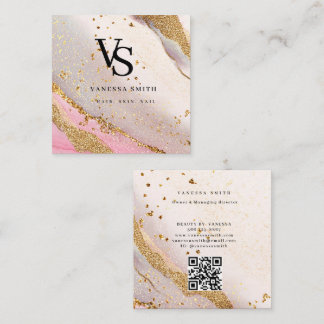 Mooie Roze Gouden Glitter Marmer Agaat Initialen Vierkante Visitekaartje