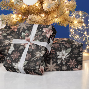 Mooie Roze Gouden Sneeuwvlokken en Poinsettia's Cadeaupapier