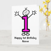 Mooie Roze Grappige Cartoon Meisje 1e Verjaardagsk Kaart (Gele Bloem)