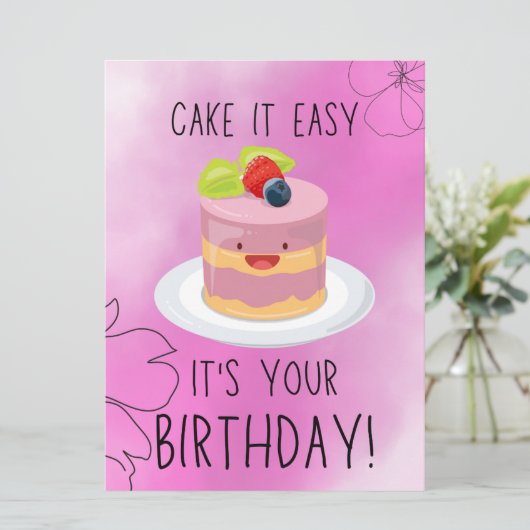 Mooie Roze Grappige Verjaardagstaart Groet Kaart (Staand voorkant)