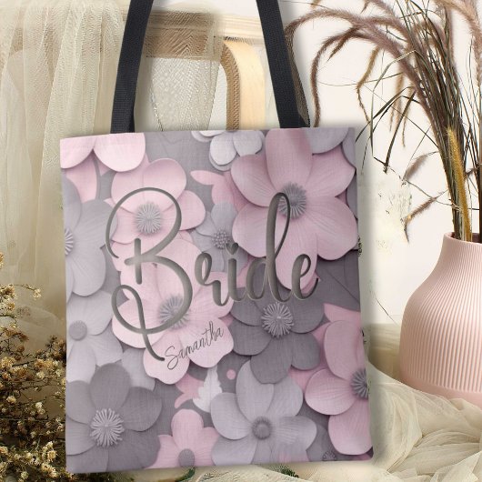 Mooie roze-grijs 3D Poppies Floral Bride Tote Bag
