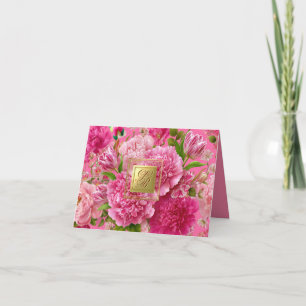 Mooie Roze & Groene Bloemige Monogram Bedankkaart