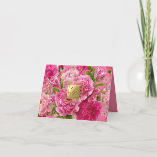 Mooie Roze & Groene Bloemige Monogram Bedankkaart