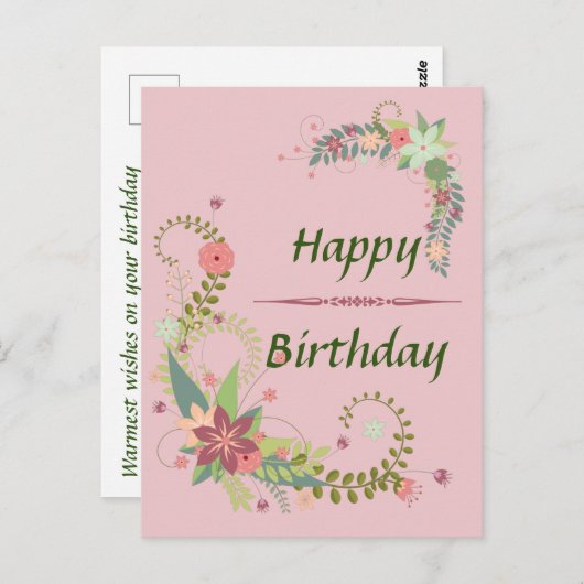 Mooie Roze Groene Bloemige Verjaardagskaart Briefkaart (Voorkant / Achterkant)
