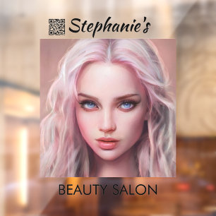 Mooie Roze Haar Meisje Schoonheidssalon Met QR Cod Raamsticker