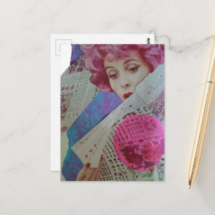 Mooie Roze Haar Retro Dame Mixed Media Collage Briefkaart