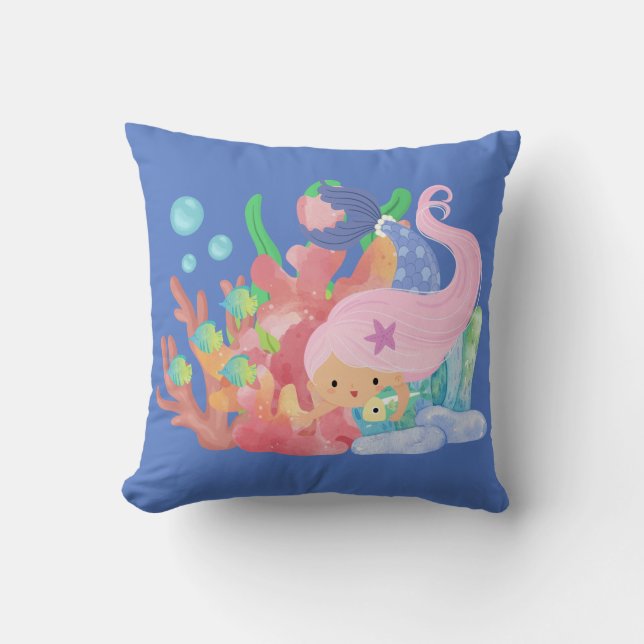 Mooie roze haar zeemeermin spelen knuffelen een vi kussen (Voorkant)