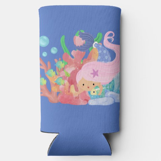 Mooie roze haar zeemeermin spelen knuffelen een vi seltzer blikjeskoeler (Achterkant)